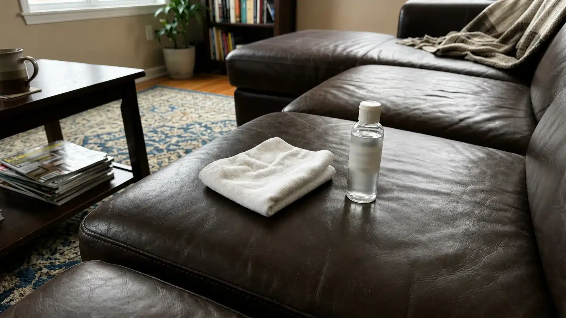 leather cleaner bottle and folded cloth on a dark brown leather couch cushion in a living room
