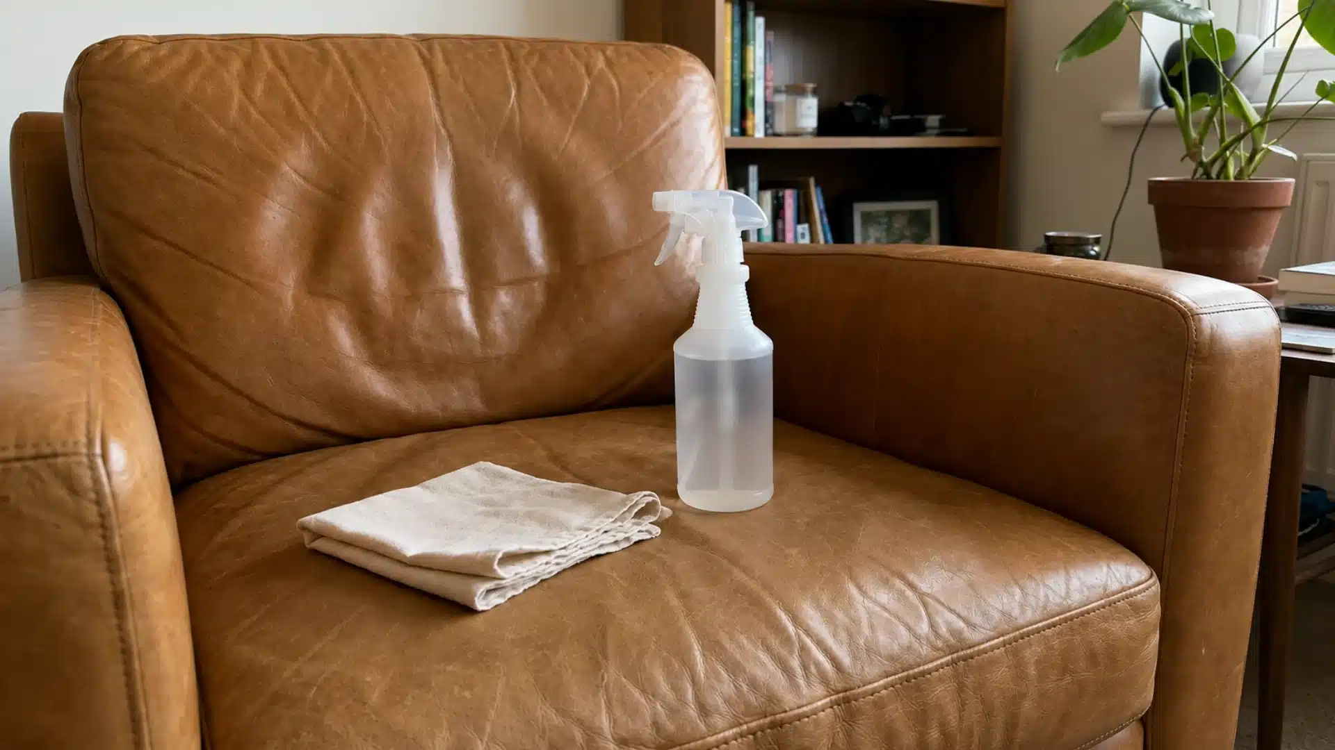tan leather armchair with a spray bottle and folded cloth resting on the cushion