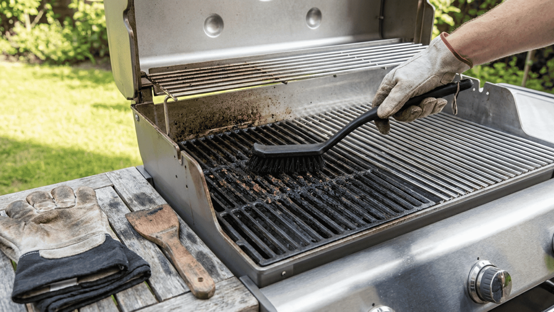 dirty and clean grill grates shown side by side during cleaning with safe tools outdoors