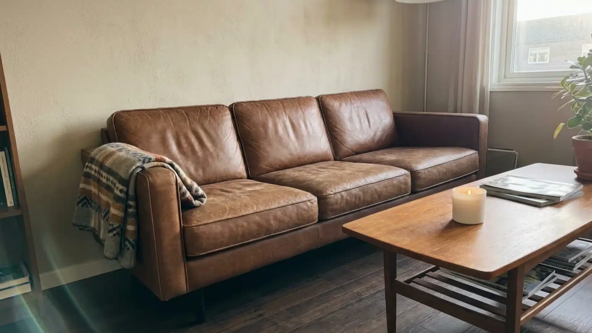 brown leather couch with a throw blanket in a cozy living room near a sunlit window
