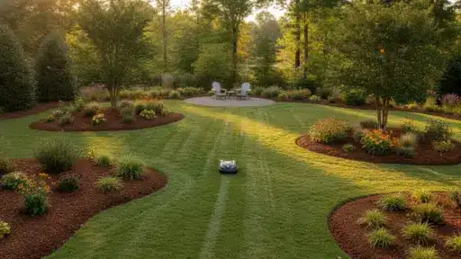 Lush garden with robotic lawnmower and Adirondack chairs on gravel patio in the background