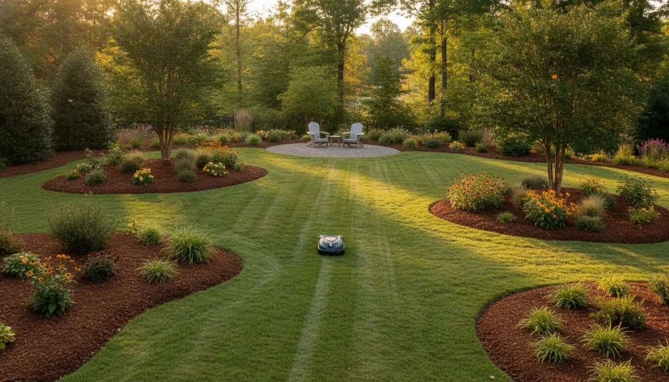Lush garden with robotic lawnmower and Adirondack chairs on gravel patio in the background
