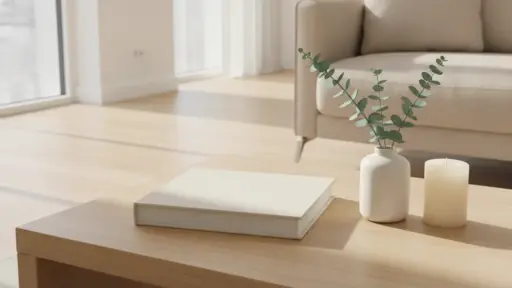 Coffee table with book, eucalyptus in vase, and candle in bright living room