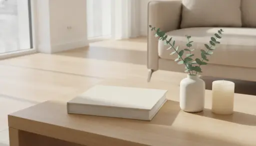 Coffee table with book, eucalyptus in vase, and candle in bright living room