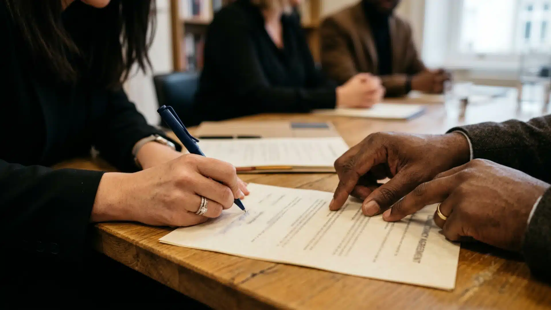 people review and sign paperwork at a wooden conference table while a colleague points to a document