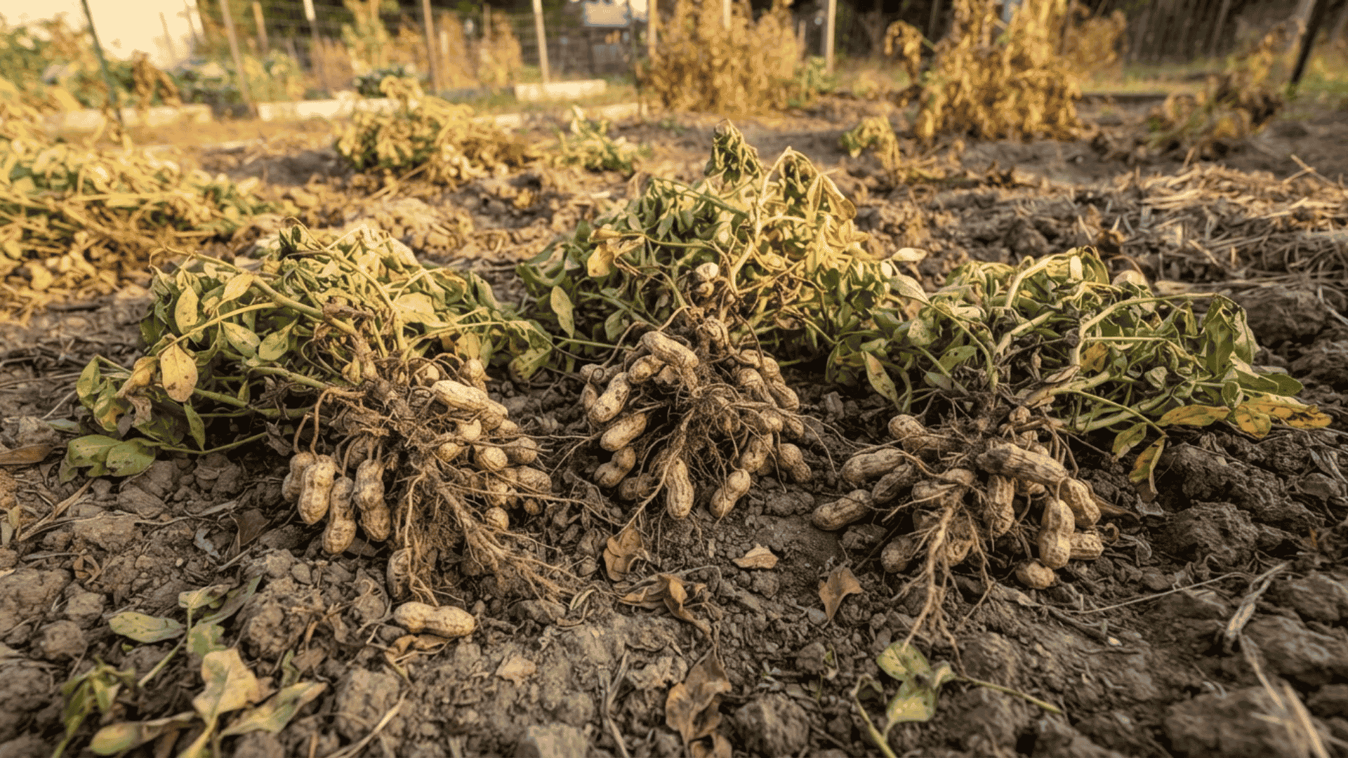freshly harvested peanut plants with mature pods attached to exposed roots on dry garden soil