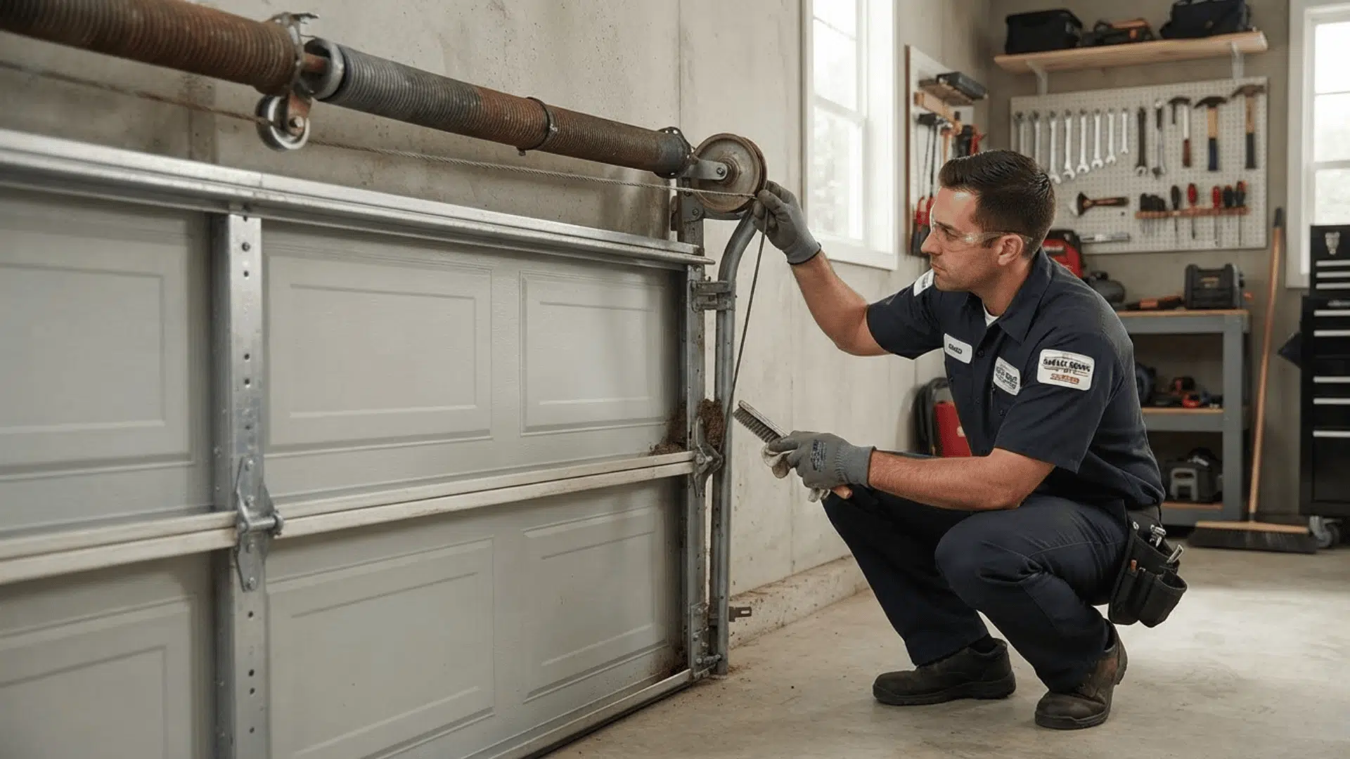 technician cleaning and inspecting garage door cable pulley system in home garage