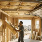 homeowner installing insulation in garage walls ceiling and door during a residential upgrade project