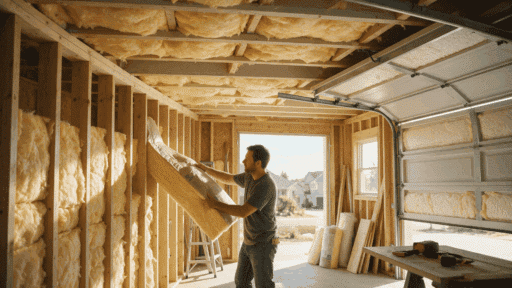 homeowner installing insulation in garage walls ceiling and door during a residential upgrade project
