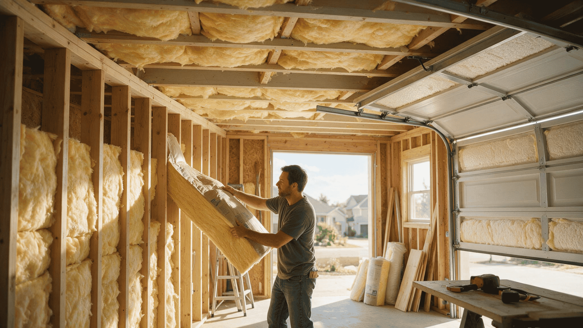 homeowner installing insulation in garage walls ceiling and door during a residential upgrade project