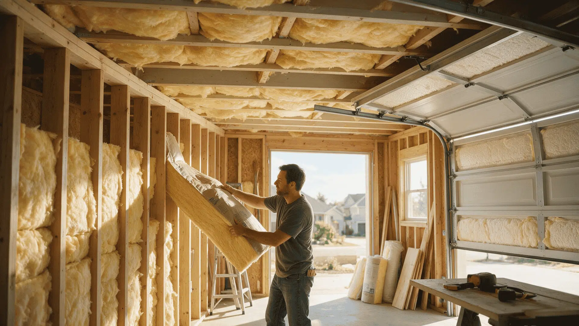 homeowner installing insulation in garage walls ceiling and door during a residential upgrade project