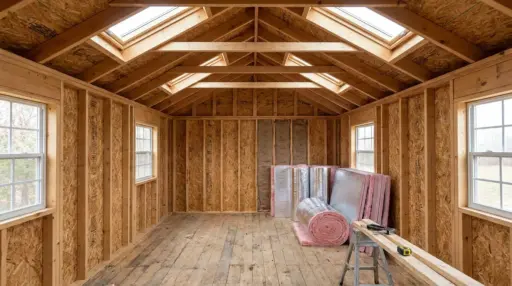 unfinished wooden shed interior with exposed framing, skylights, windows, rolled insulation, and construction materials