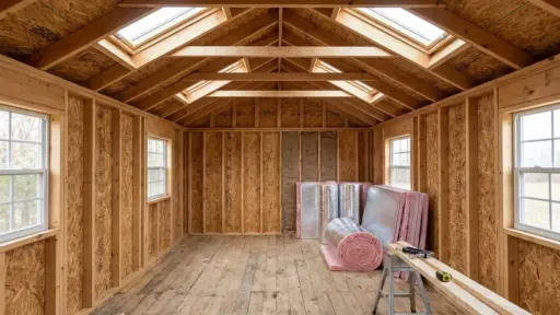 unfinished wooden shed interior with exposed framing, skylights, windows, rolled insulation, and construction materials