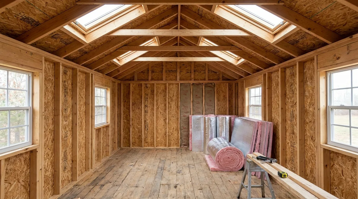 unfinished wooden shed interior with exposed framing, skylights, windows, rolled insulation, and construction materials