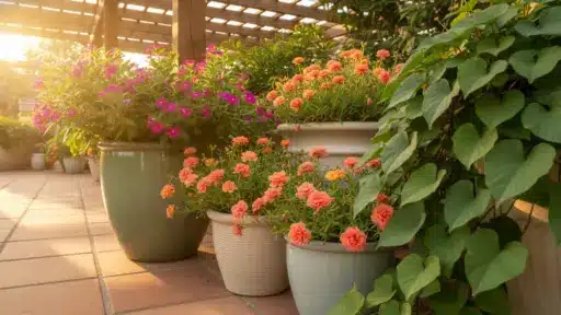 Potted flowers and leafy vines on sunlit patio with terracotta tiles