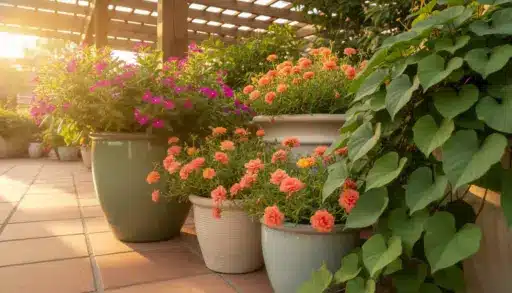 Potted flowers and leafy vines on sunlit patio with terracotta tiles