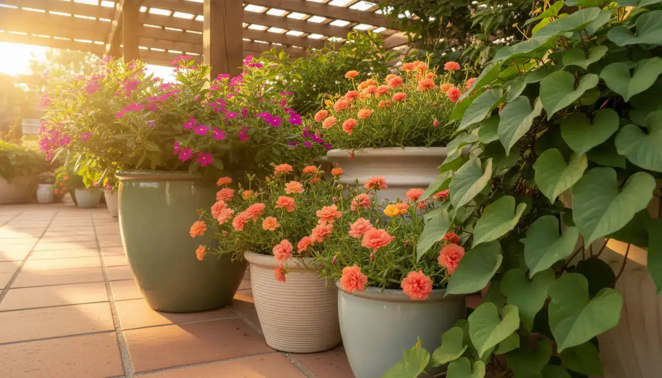 Potted flowers and leafy vines on sunlit patio with terracotta tiles