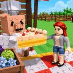 grow a garden player serving cake to a chef beside fresh crops in bright garden surroundings