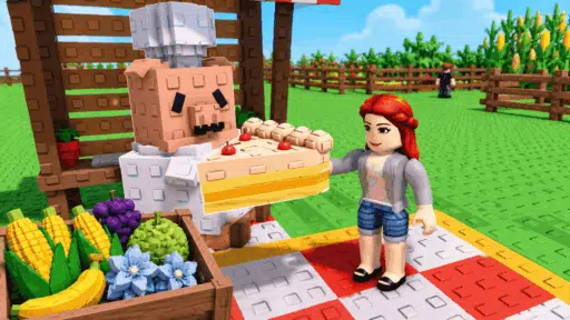 grow a garden player serving cake to a chef beside fresh crops in bright garden surroundings