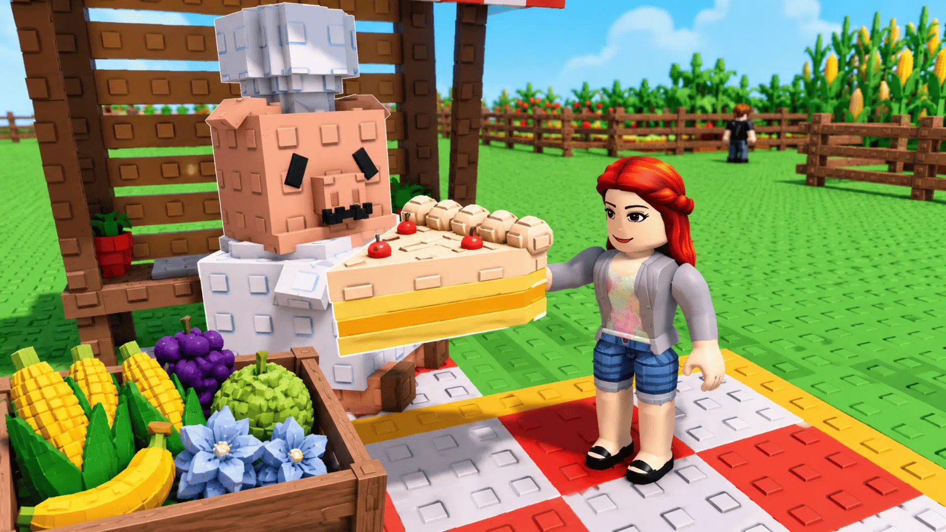 grow a garden player serving cake to a chef beside fresh crops in bright garden surroundings