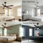 Four modern bedrooms with ceiling fans in various finishes and neutral color schemes