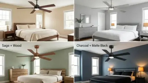 Four modern bedrooms with ceiling fans in various finishes and neutral color schemes