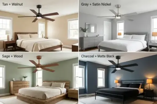 Four modern bedrooms with ceiling fans in various finishes and neutral color schemes