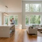 Couple standing in spacious living room and kitchen with large windows and natural light