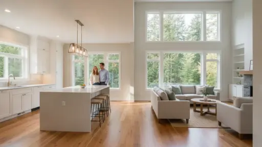 Couple standing in spacious living room and kitchen with large windows and natural light