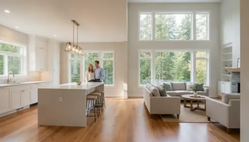 Couple standing in spacious living room and kitchen with large windows and natural light