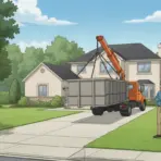 Orange truck with crane unloading container in front of suburban house with manicured lawn