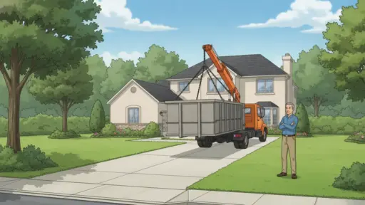 Orange truck with crane unloading container in front of suburban house with manicured lawn