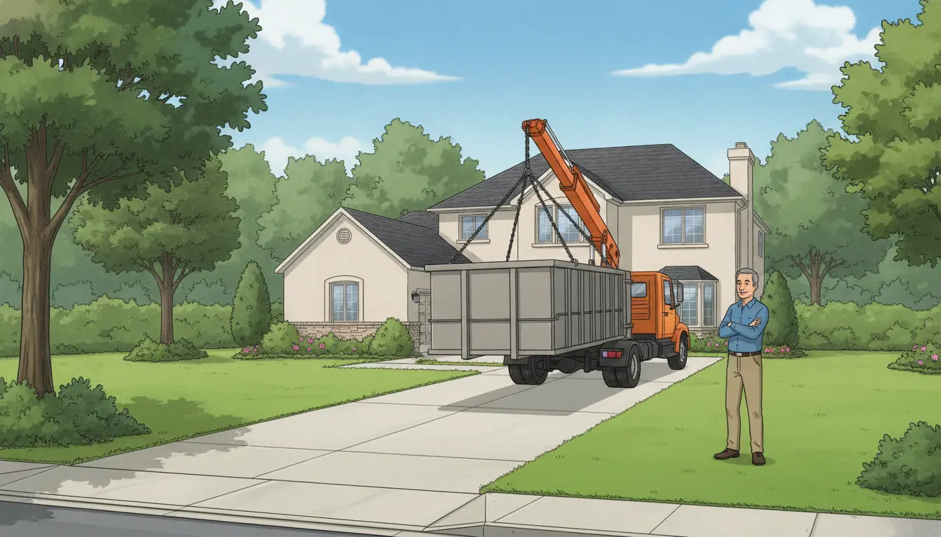 Orange truck with crane unloading container in front of suburban house with manicured lawn