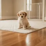 Small puppy sitting on beige rug in bright, spacious living room with wooden floor