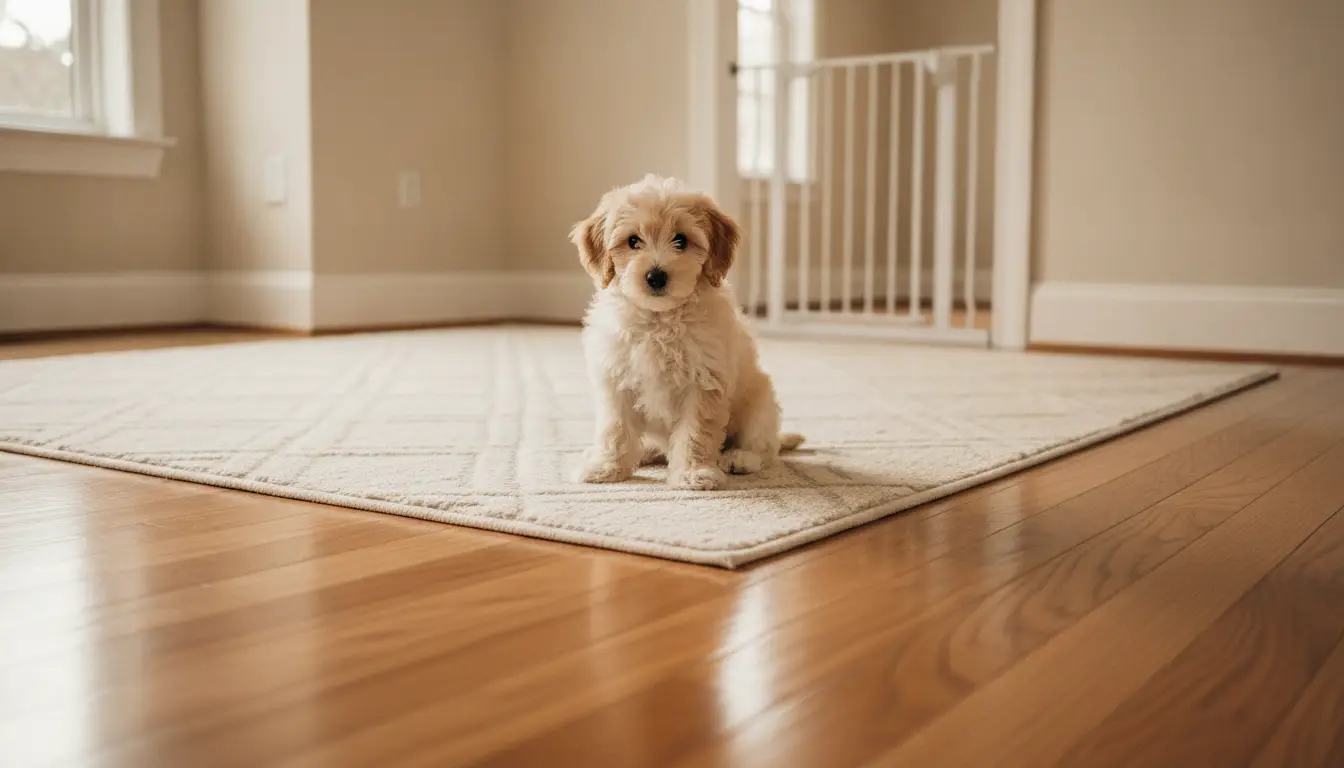 Small puppy sitting on beige rug in bright, spacious living room with wooden floor