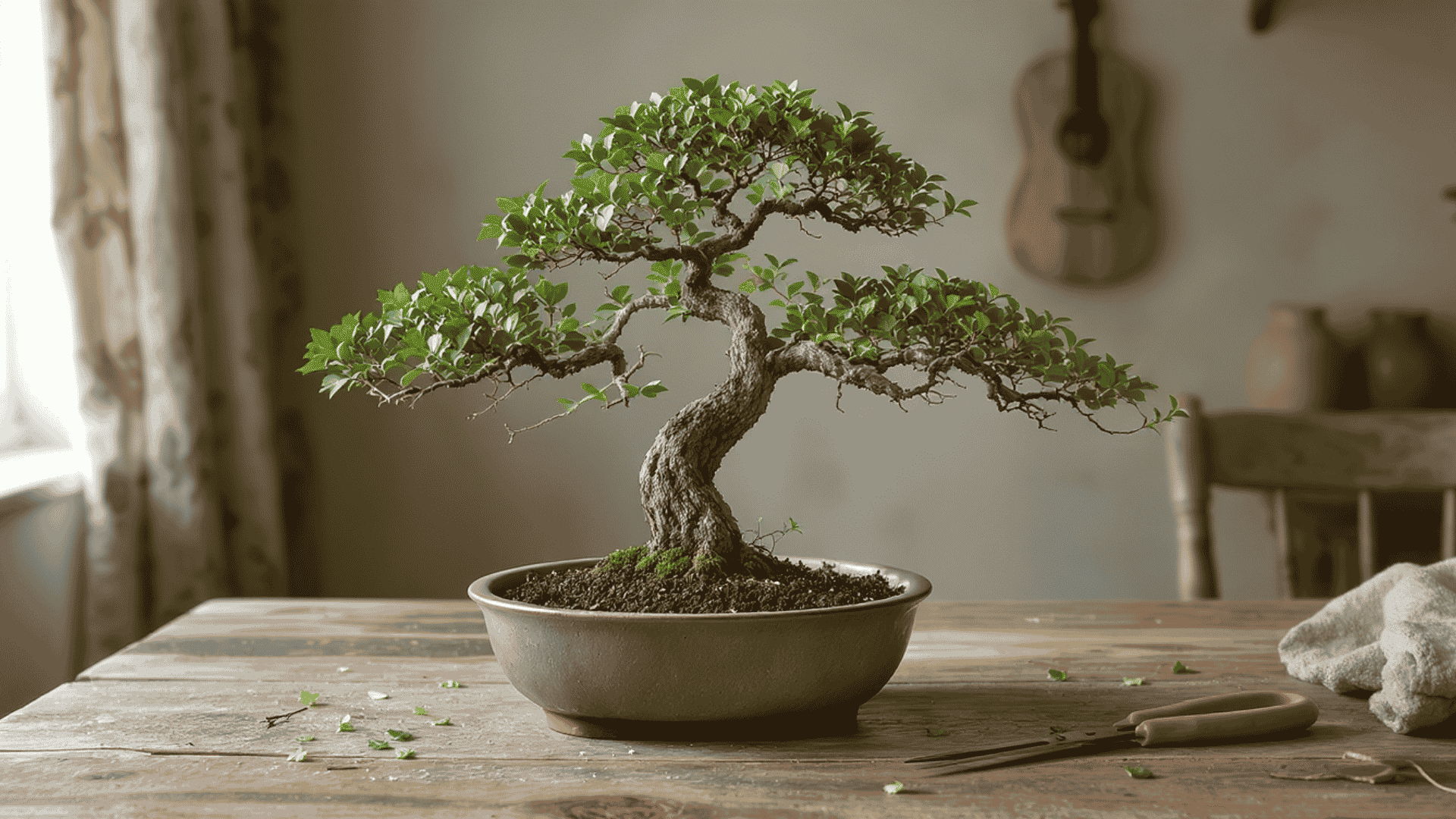 healthy bonsai tree with pruning shears and small clippings on a wooden table