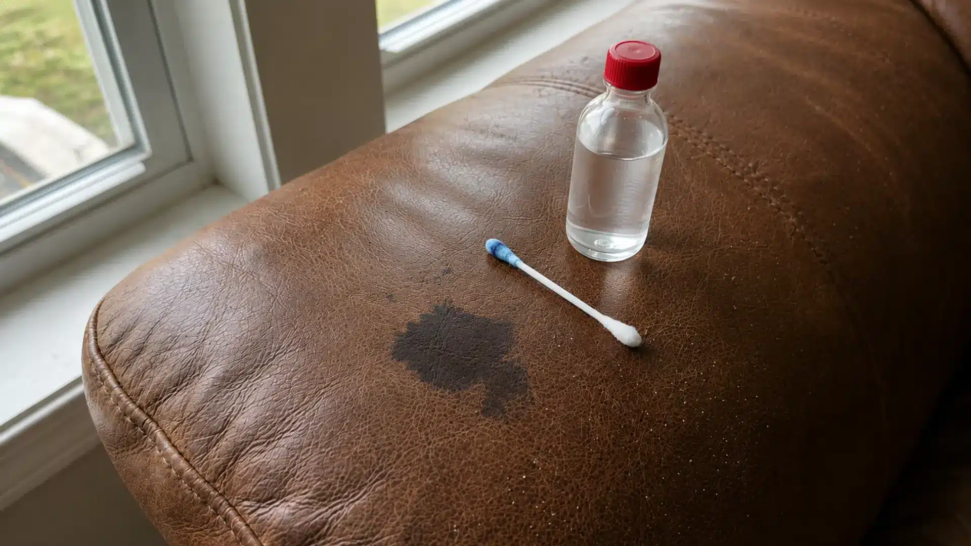 small ink stain on a brown leather armrest with a cotton swab and rubbing alcohol bottle