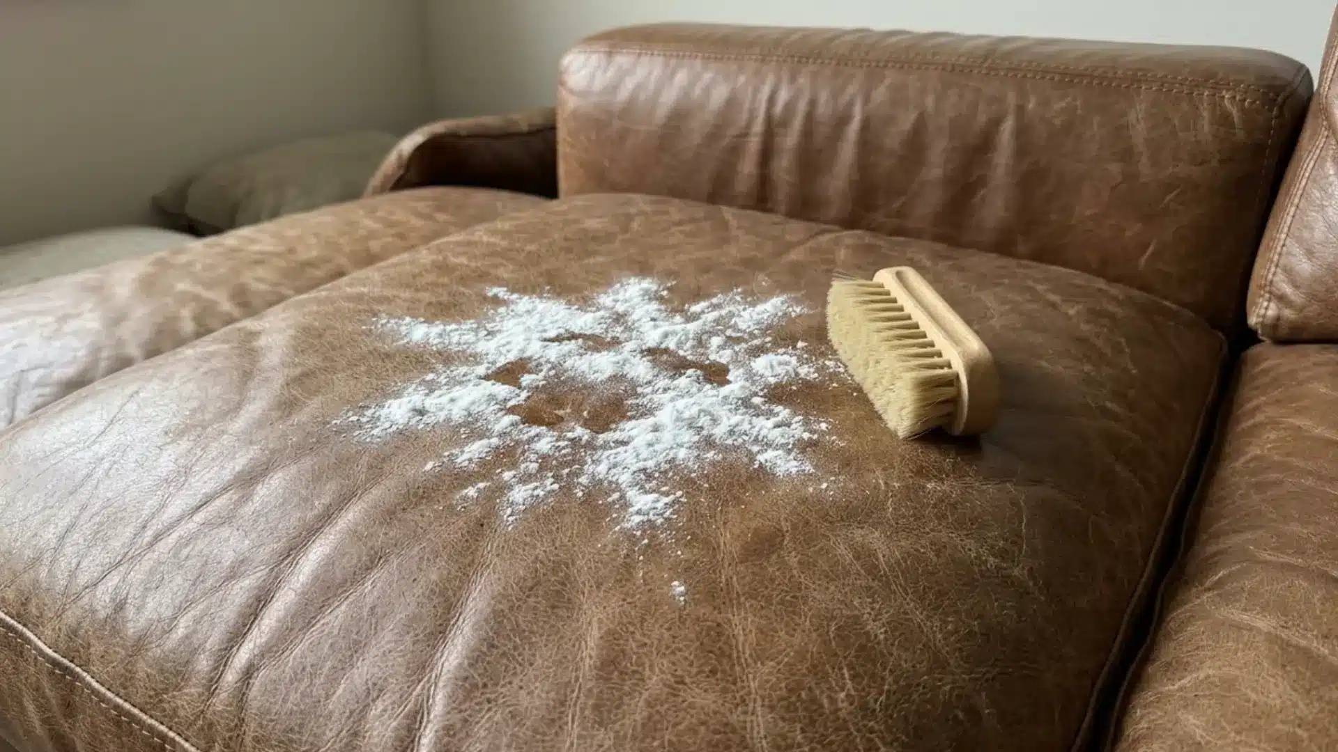 baking soda sprinkled on an oil stain on a brown leather cushion with a soft brush nearby