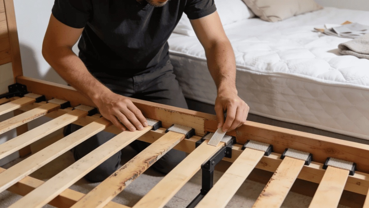 homeowner reseating bed slats and adding felt strips to stop squeaks and restore even support