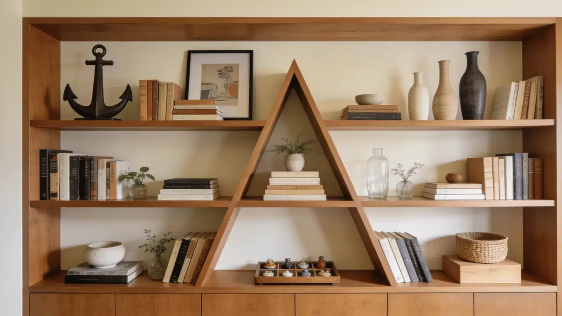 professionally styled shelves with books plants vases and framed art