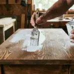craftsperson brushing white paint onto a wooden tabletop in a rustic workshop while holding a paint can
