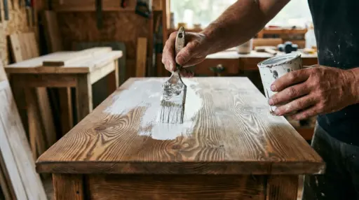 craftsperson brushing white paint onto a wooden tabletop in a rustic workshop while holding a paint can