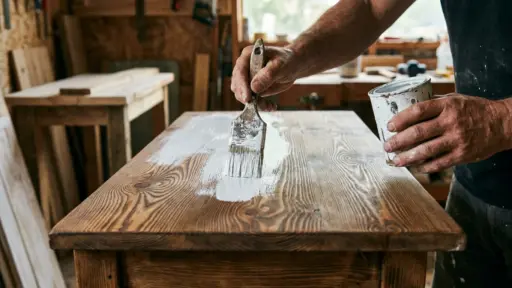 craftsperson brushing white paint onto a wooden tabletop in a rustic workshop while holding a paint can