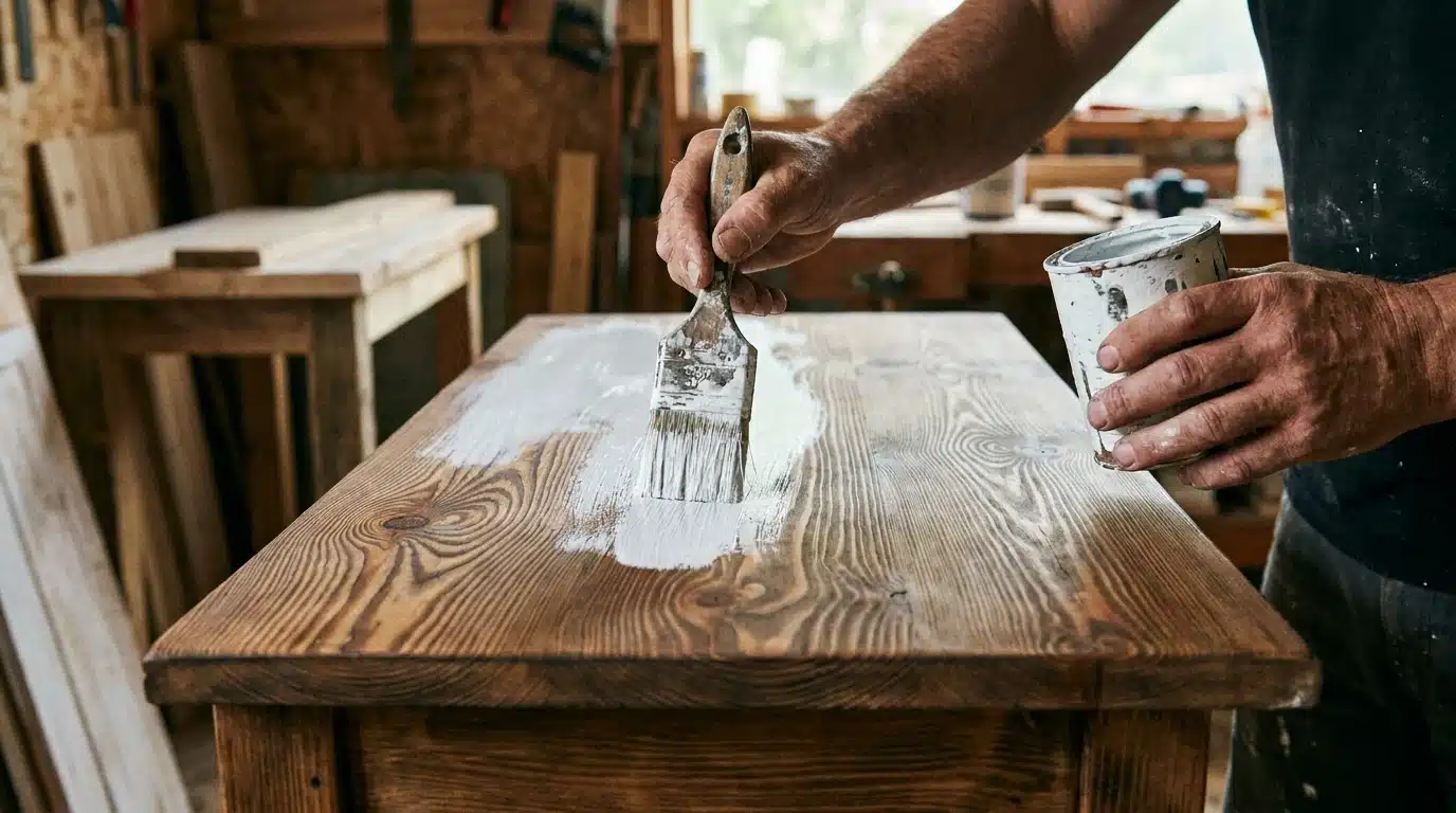 craftsperson brushing white paint onto a wooden tabletop in a rustic workshop while holding a paint can