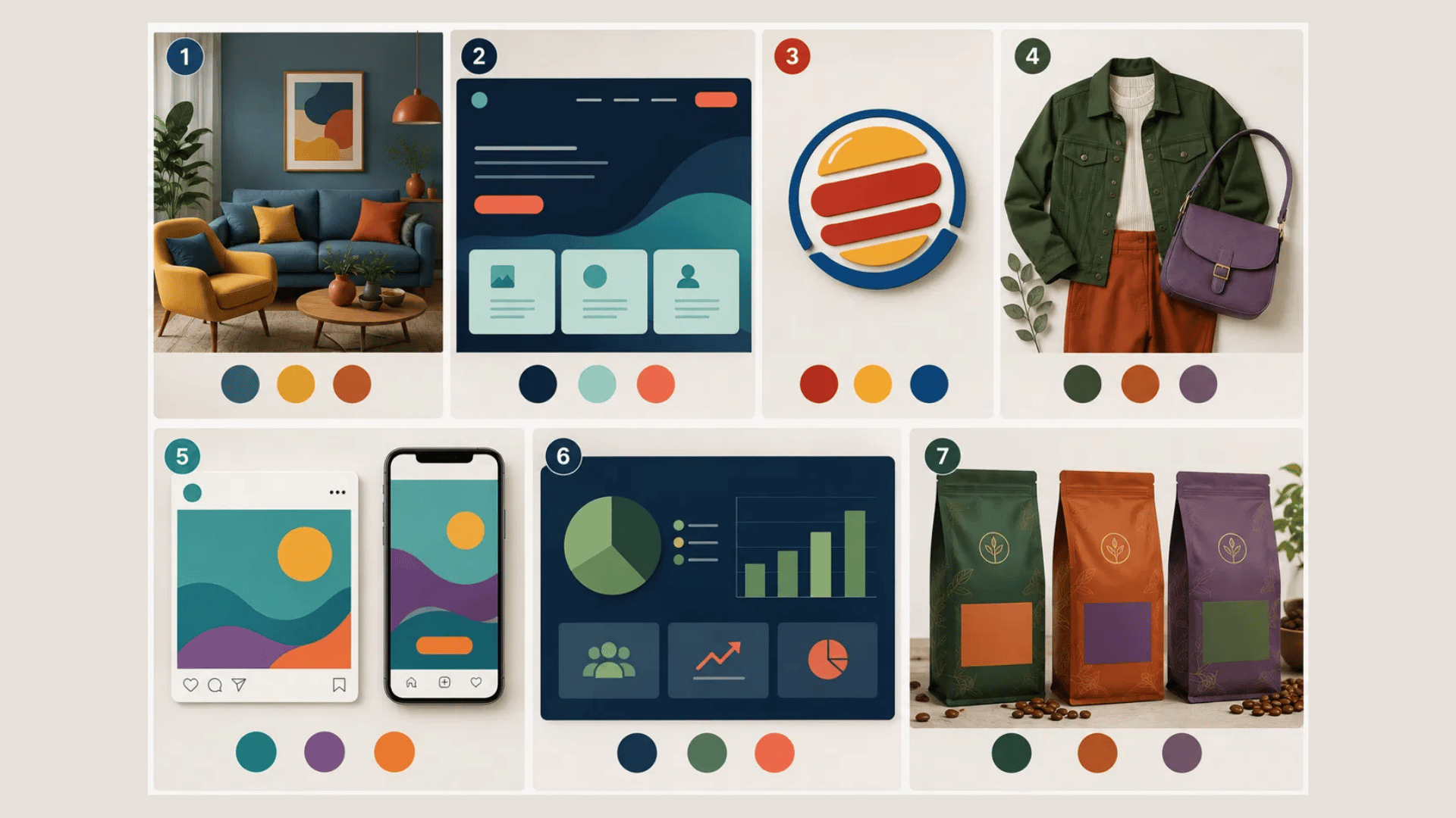 this image demonstrates how triadic colors apply across interiors ui branding fashion social media dashboards and packaging