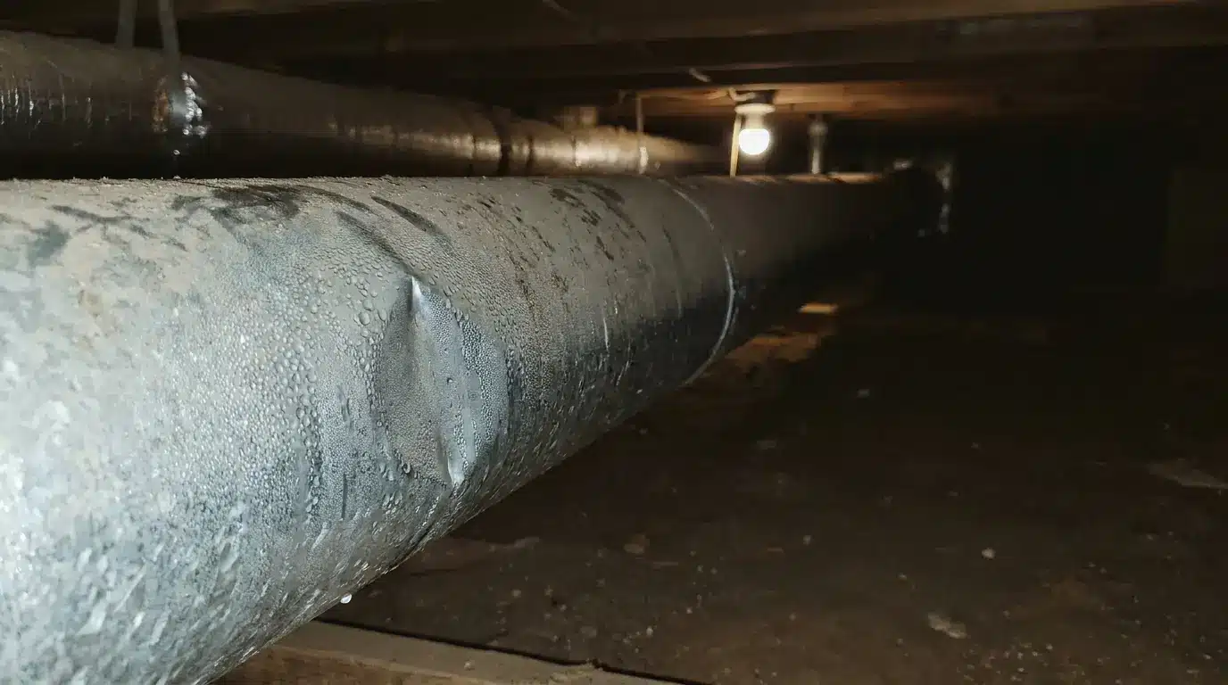Damp metal duct in a dimly lit crawlspace with overhead bulb illuminating area