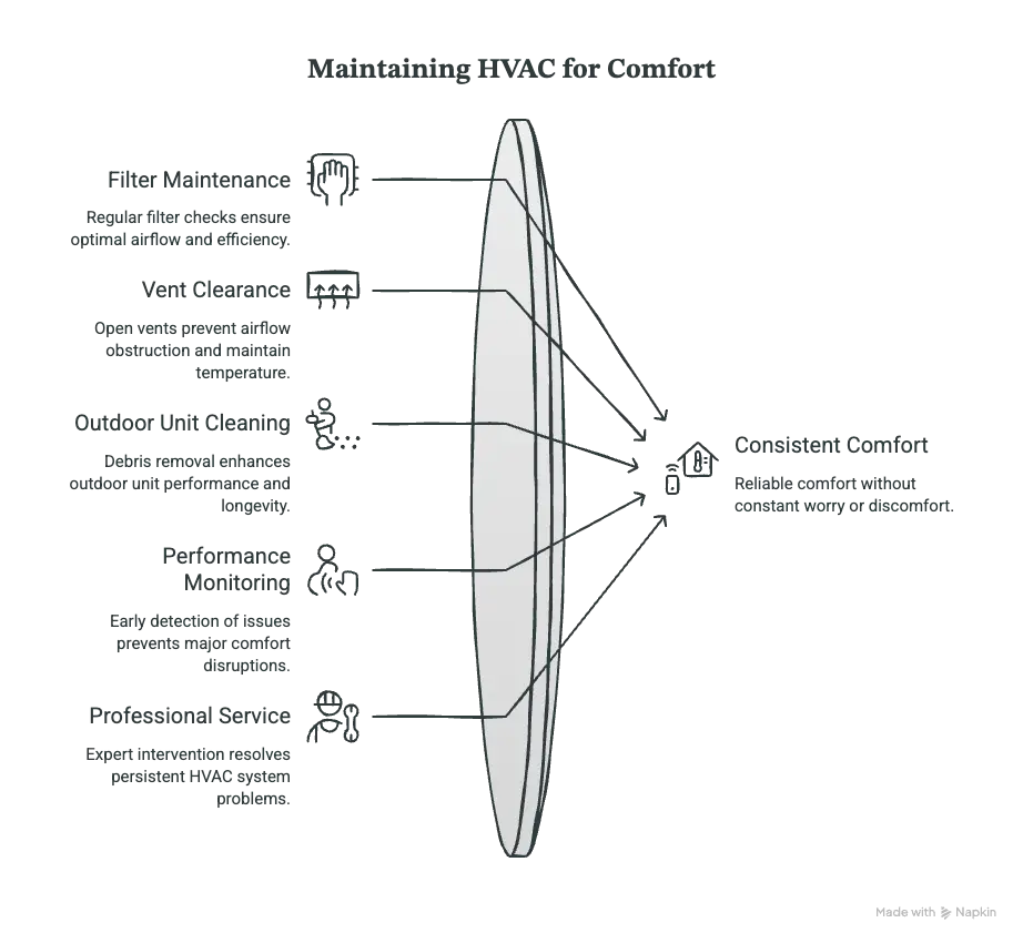 Diagram illustrating HVAC maintenance tasks with icons and textual descriptions on transparent background