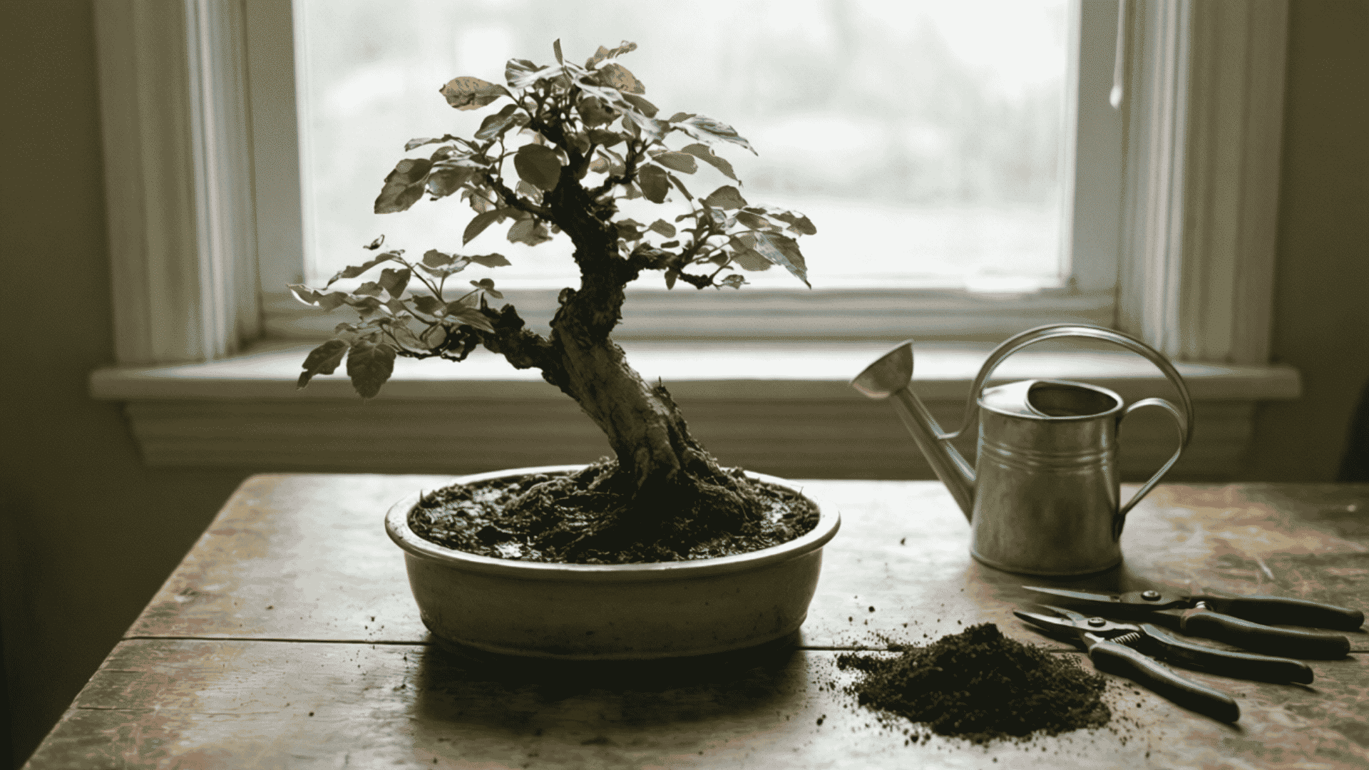 bonsai tree with wet soil and yellow leaves showing signs of overwatering