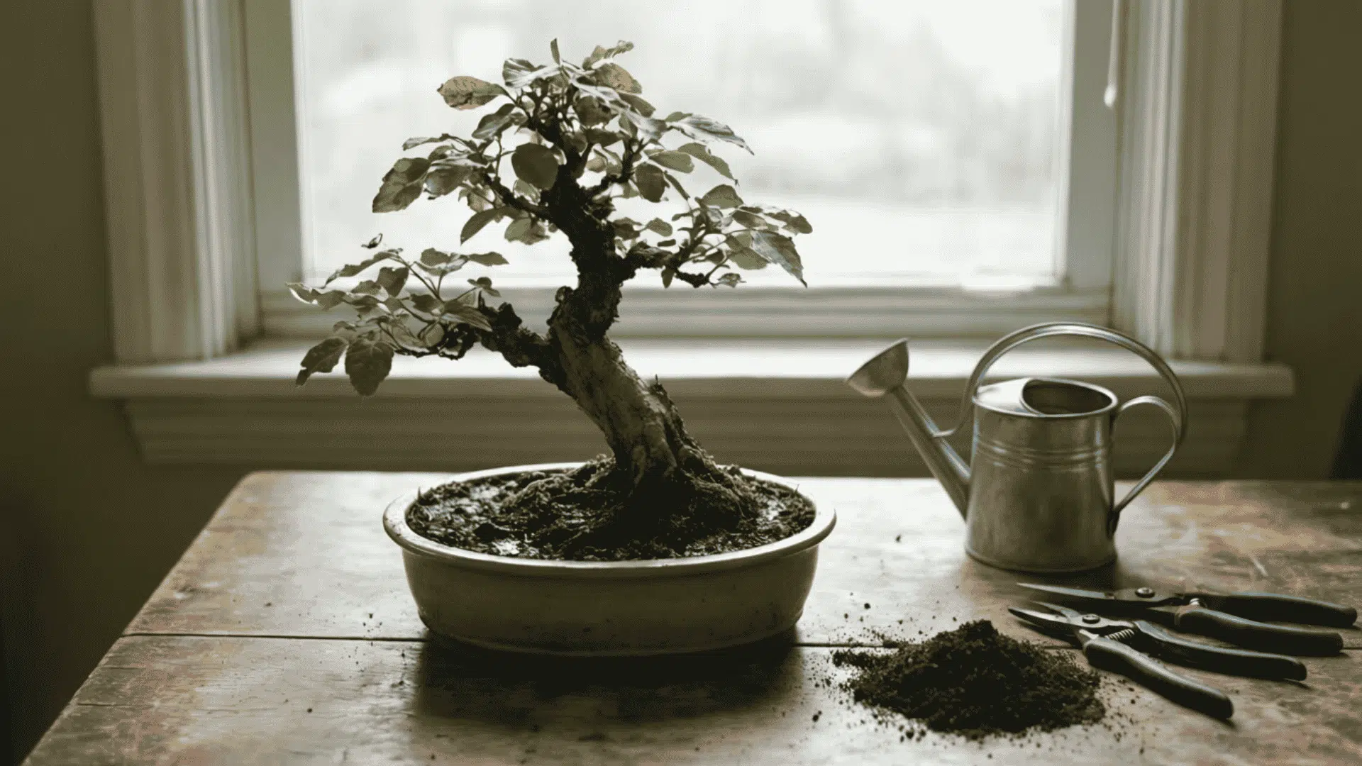 bonsai tree with wet soil and yellow leaves showing signs of overwatering