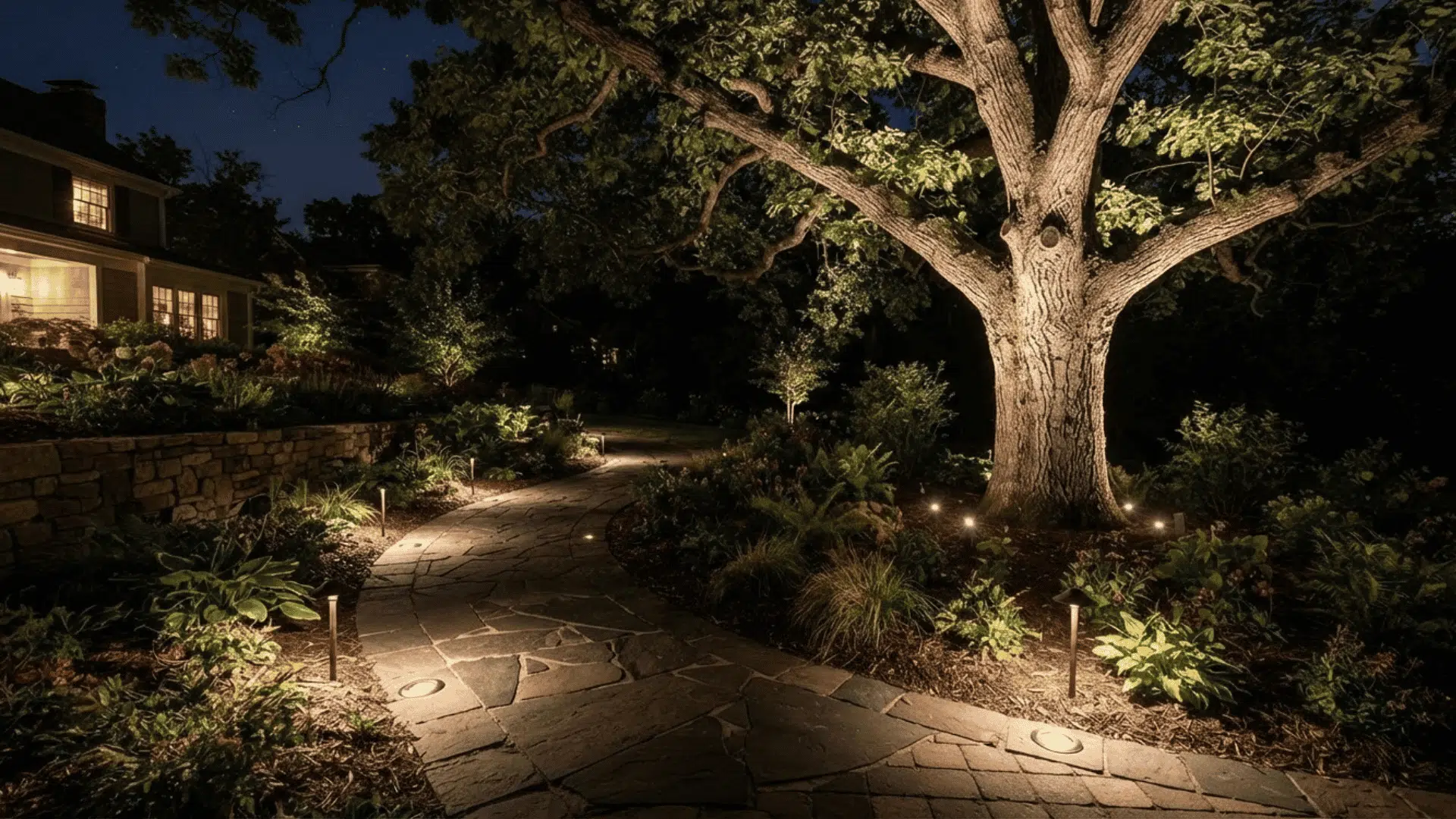 in ground lights highlighting a large mature tree beside a paved garden walkway after dark